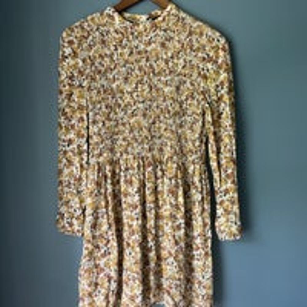 Topshop smocked‎ yellow floral long sleeve dress